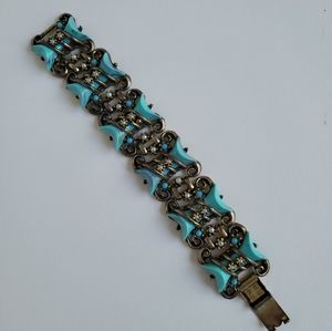 Vintage Faux Turquoise Tiles Faux Pearl Chunky Metal Link Bracelet